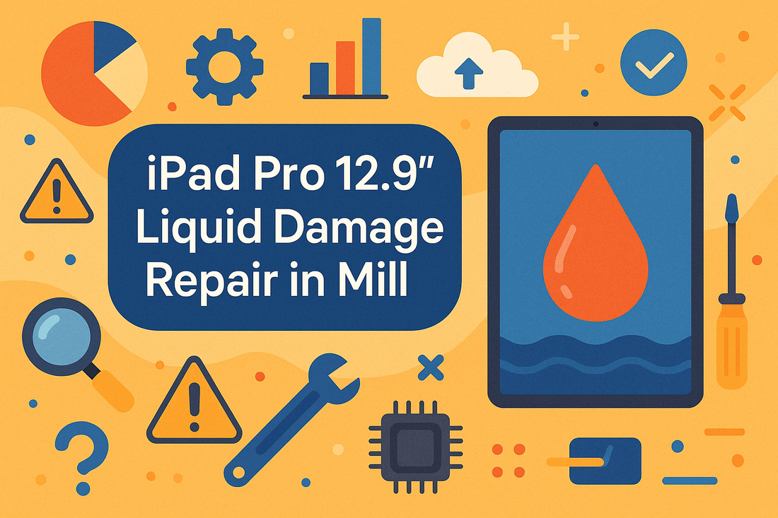 An infographic by Terabyte Electronics for iPad Pro 12.9" liquid damage repair in Mill Hill. The image features a water-damaged iPad and various repair icons, including a warning sign, wrench, screwdriver, and a computer chip.