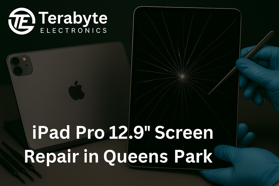 iPad Pro 12.9-inch screen repair in Queens Park by Terabyte Electronics, technician fixing cracked iPad display.