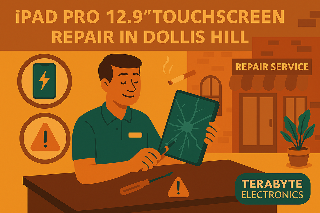 Illustration of a technician repairing a cracked iPad Pro 12.9" touchscreen at a repair shop labeled "Terabyte Electronics" in Dollis Hill, highlighting iPad repair services in NW2.