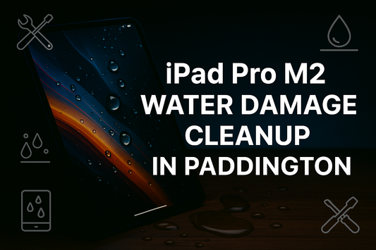 iPad Pro M2 Water Damage Cleanup in Paddington – Professional tablet repair service with water droplets on screen and cleanup tool icons