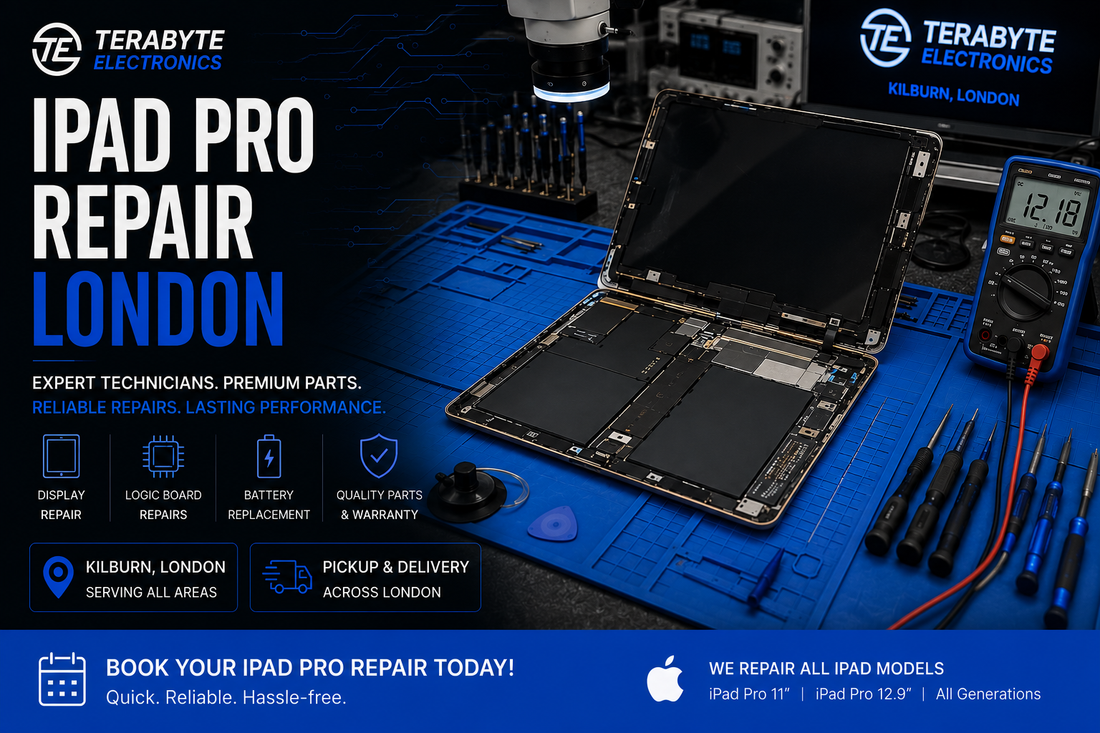 Apple iPad Pro open on a blue magnetic repair mat undergoing display and hardware diagnostic assessment at Terabyte Electronics London.