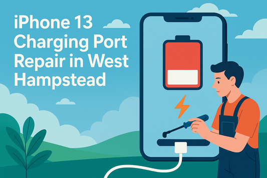 Technician repairing iPhone 13 charging port with low battery icon, set in West Hampstead landscape illustration.