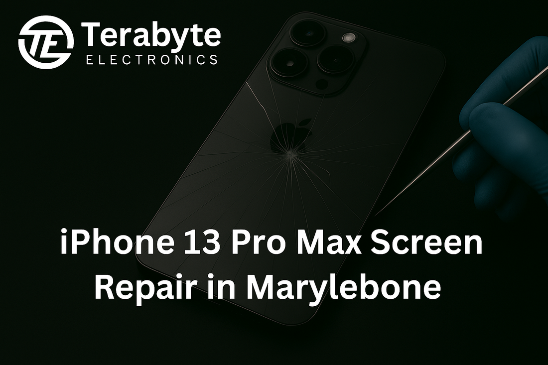 iPhone 13 Pro Max screen repair service in Marylebone by Terabyte Electronics, technician fixing a cracked iPhone display.