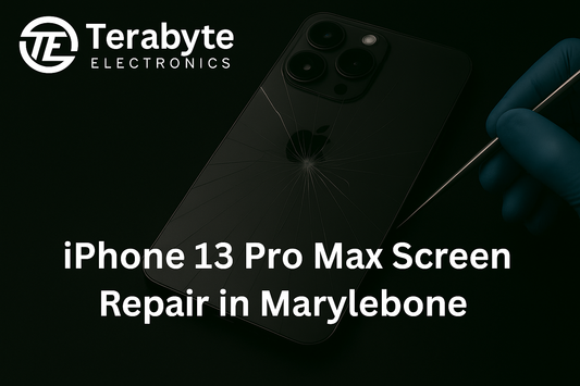 iPhone 13 Pro Max screen repair service in Marylebone by Terabyte Electronics, technician fixing a cracked iPhone display.
