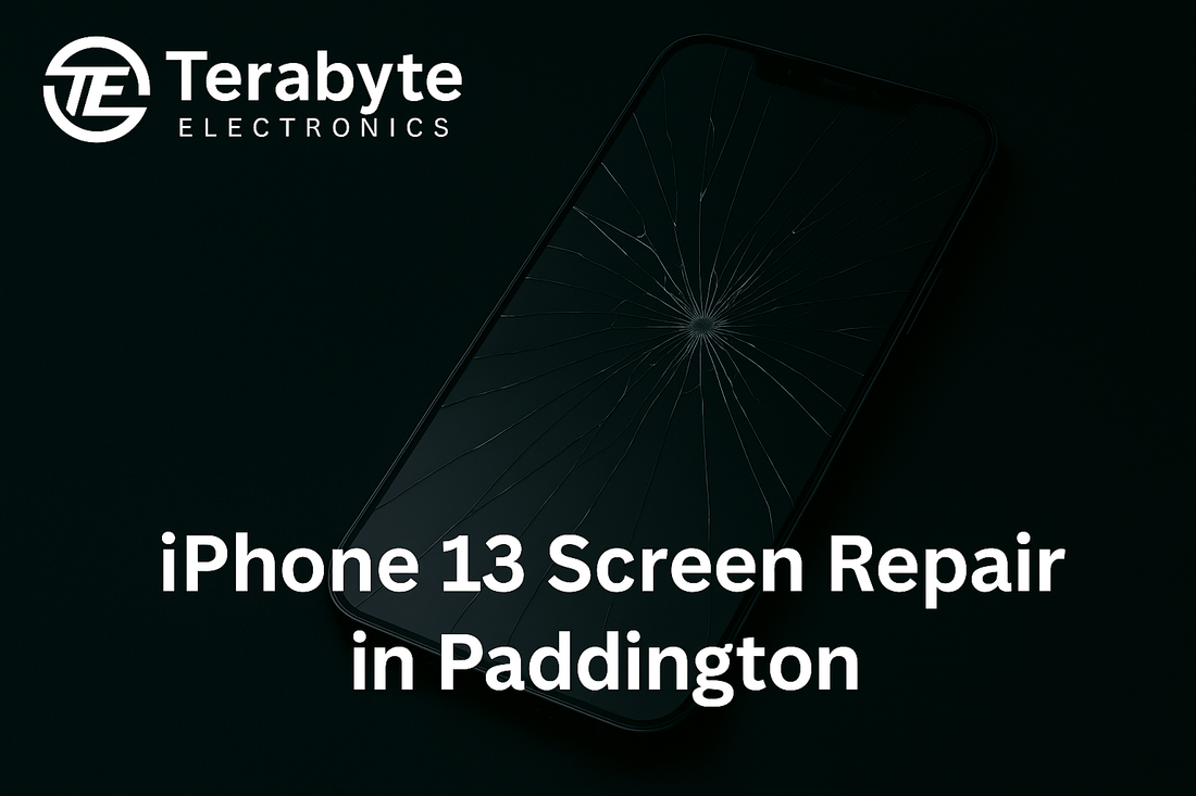 iPhone 13 screen repair in Paddington – Terabyte Electronics blog banner with cracked iPhone display and repair service text overlay