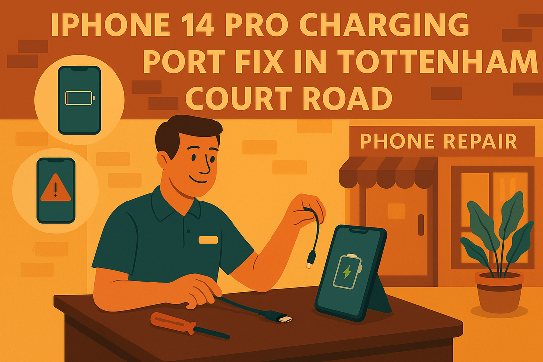 Illustration of a technician performing iPhone 14 Pro charging port fix at a phone repair shop on Tottenham Court Road, highlighting iPhone repair W1T service.