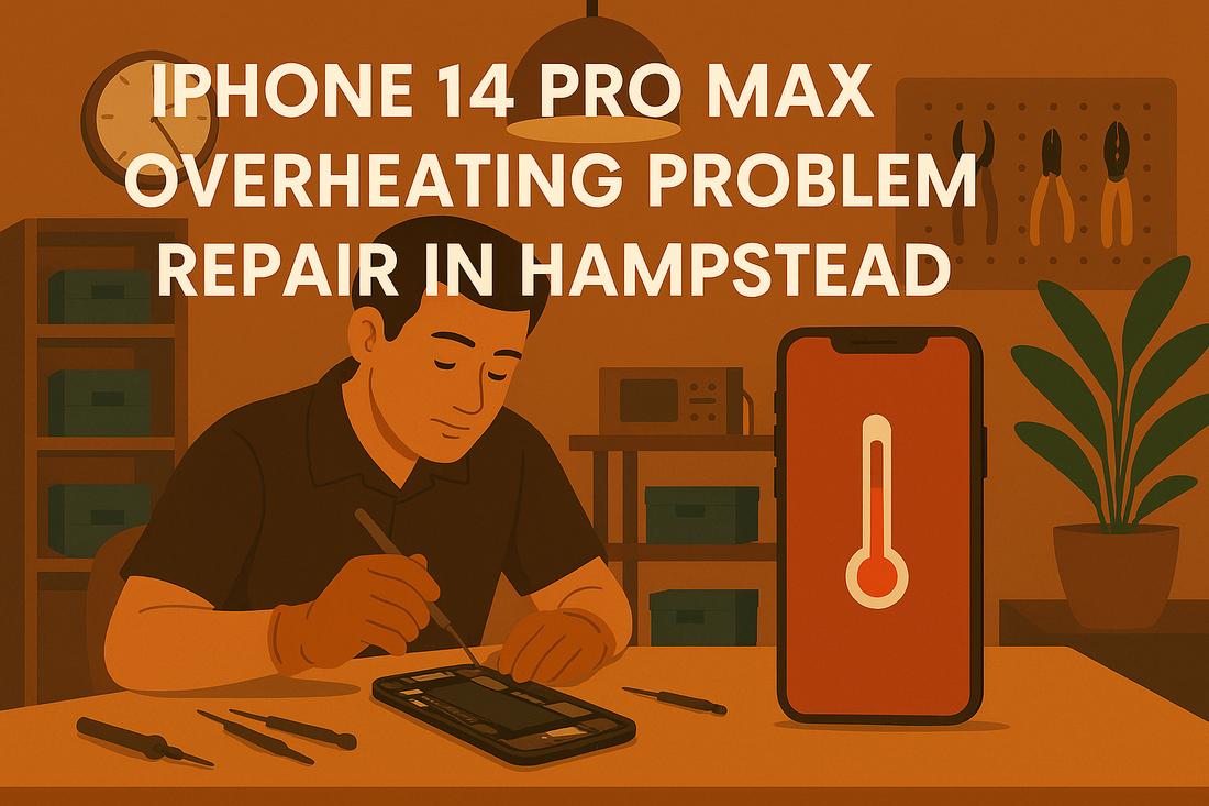 Technician repairing an iPhone 14 Pro Max with overheating warning in a Hampstead repair shop – blog cover for iPhone overheating problem repair