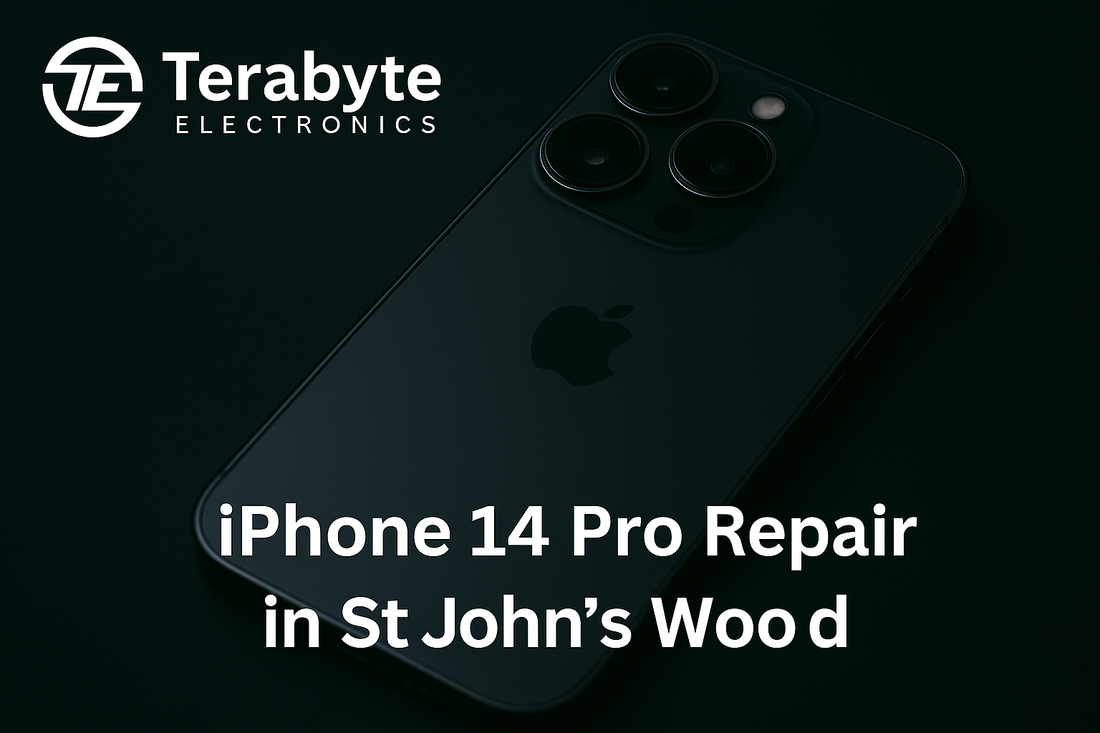 iPhone 14 Pro repair in St John’s Wood – Terabyte Electronics blog banner with iPhone close-up and repair service text overlay