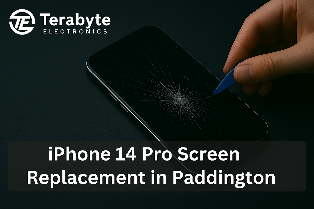 iPhone 14 Pro with cracked screen being repaired – Terabyte Electronics screen replacement service in Paddington