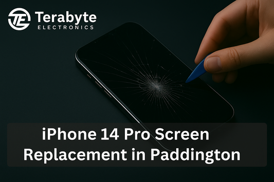 iPhone 14 Pro with cracked screen being repaired – Terabyte Electronics screen replacement service in Paddington