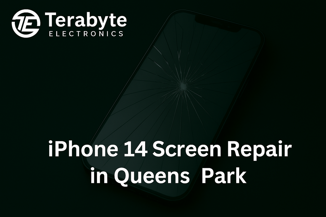 iPhone 14 screen replacement in Queens Park – Terabyte Electronics blog banner featuring cracked iPhone screen with repair service text overlay