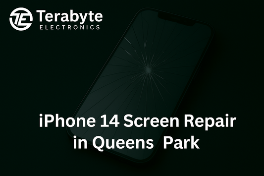iPhone 14 screen replacement in Queens Park – Terabyte Electronics blog banner featuring cracked iPhone screen with repair service text overlay