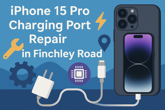 Illustration of iPhone 15 Pro charging port repair in Finchley Road with repair icons and USB-C cable