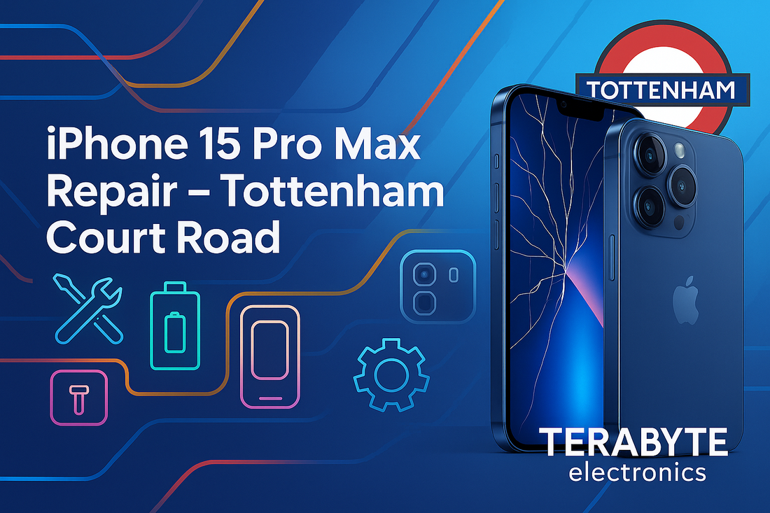 Graphic banner for iPhone 15 Pro Max repair at Terabyte Electronics in Tottenham Court Road, featuring a cracked iPhone, neon repair icons, and the London Underground Tottenham sign