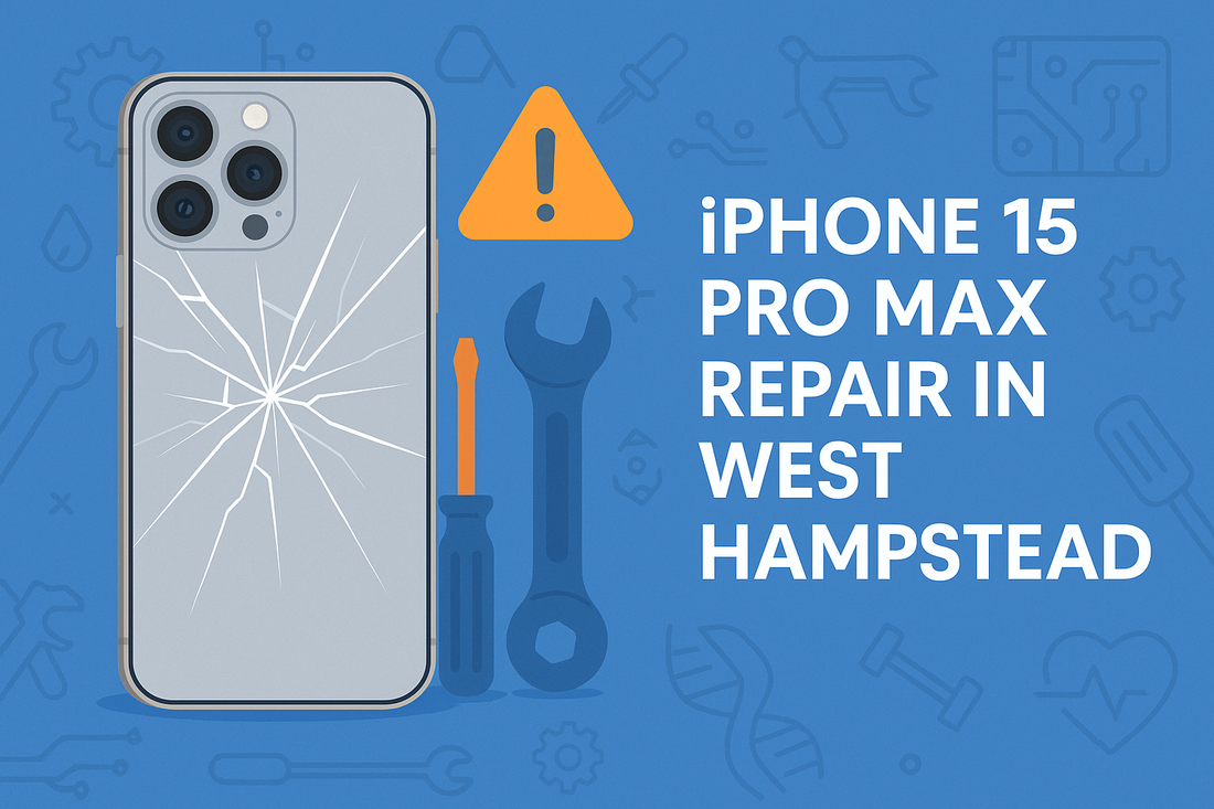 Cracked iPhone 15 Pro Max illustration with tools and warning icon, promoting "iPhone 15 Pro Max Repair in West Hampstead" on a blue background filled with repair-themed graphics