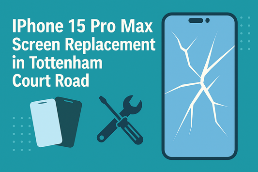 Illustration for iPhone 15 Pro Max Screen Replacement in Tottenham Court Road, showing cracked phone screen, repair tools, and replacement screen graphics.