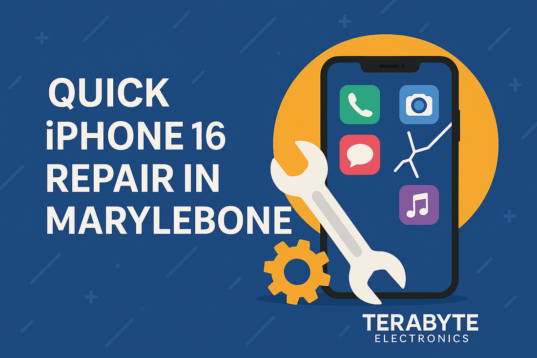 Illustration showing quick iPhone 16 repair in Marylebone by Terabyte Electronics, featuring a cracked iPhone screen with repair icons on a blue background.