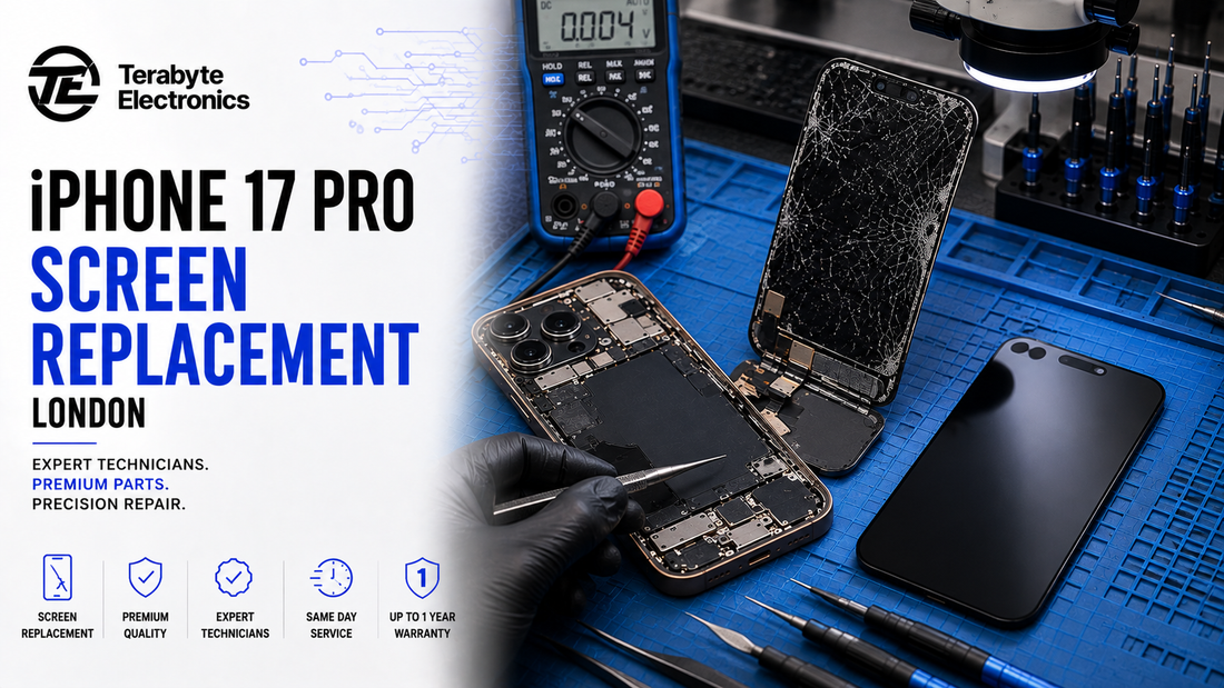 Disassembled iPhone 17 Pro with severely cracked front glass display panel resting on a blue silicone repair mat at Terabyte Electronics Kilburn High Road London.