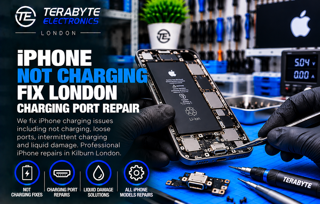 iPhone device on workshop repair bench at Terabyte Electronics Kilburn London