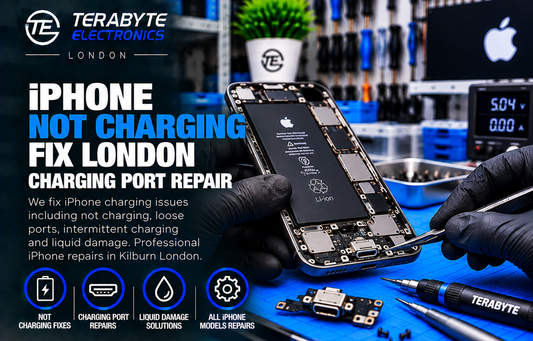 iPhone device on workshop repair bench at Terabyte Electronics Kilburn London