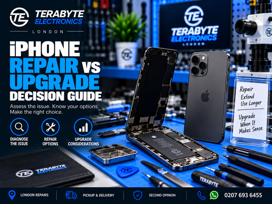 An iPhone undergoing diagnostic assessment on a workbench alongside repair tools at Terabyte Electronics in London.
