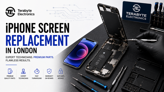 Real iPhone screen replacement workbench at Terabyte Electronics London featuring disassembled and repaired iPhone displays alongside precision repair screwdrivers on an anti-static ESD mat.