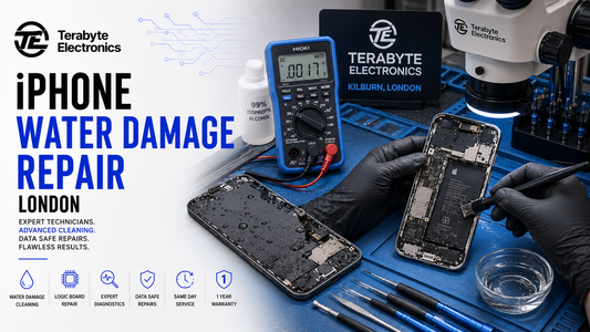 Professional electronics workshop ESD bench with disassembled water-damaged iPhone, stereo microscope, diagnostic multimeter, and logic board inspection tools at Terabyte Electronics London.