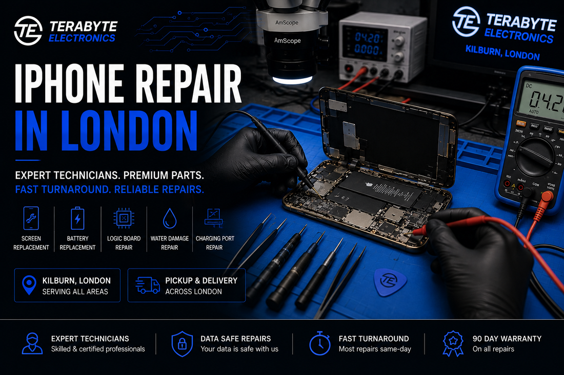 Apple iPhone open on a blue repair mat undergoing power delivery testing and logic board diagnostics at Terabyte Electronics London.