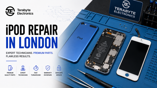 Internal view of a disassembled iPod touch showing the battery, internal shielding, unseated white front glass assembly, and blue aluminum housing on a blue ESD mat at Terabyte Electronics London.
