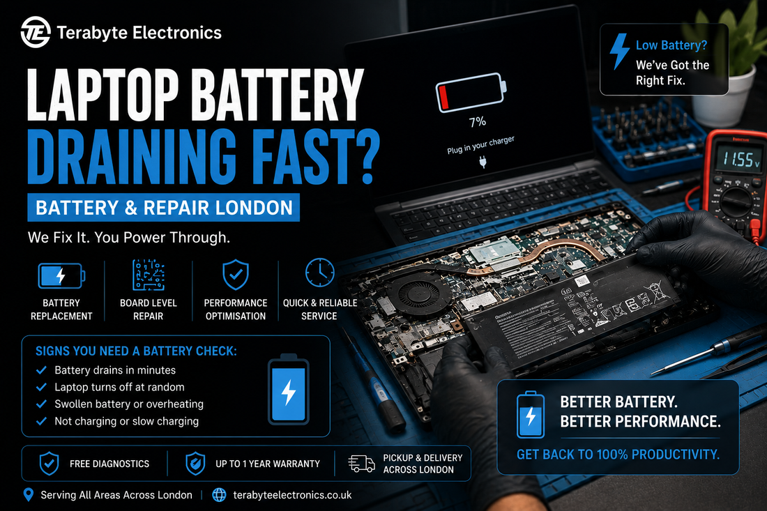 An electronics specialist using anti-static safety tools to carefully remove an internal battery module from an open laptop chassis.