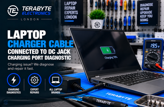 A laptop sitting on a bench station with a charging cable plugged into its side power port during initial diagnostic evaluation.