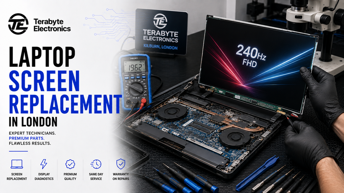 Professional electronics repair workbench with disassembled gaming laptop, diagnostic multimeter, and replacement high-refresh display panel undergoing testing at Terabyte Electronics Kilburn.