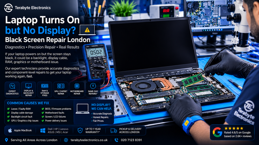 An electronics technician diagnosing a laptop that turns on with no display output by testing RAM modules and motherboard circuits at Terabyte Electronics London.