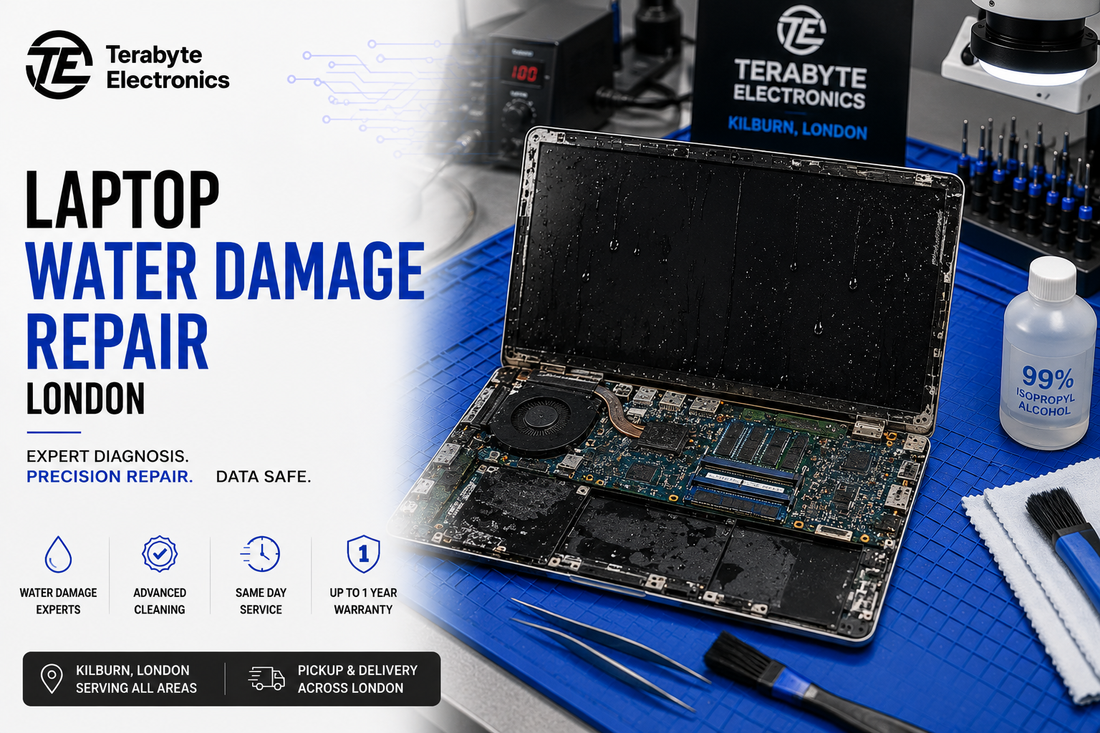 Laptop open on workshop bench undergoing professional liquid damage assessment and motherboard diagnostics at Terabyte Electronics Kilburn London.