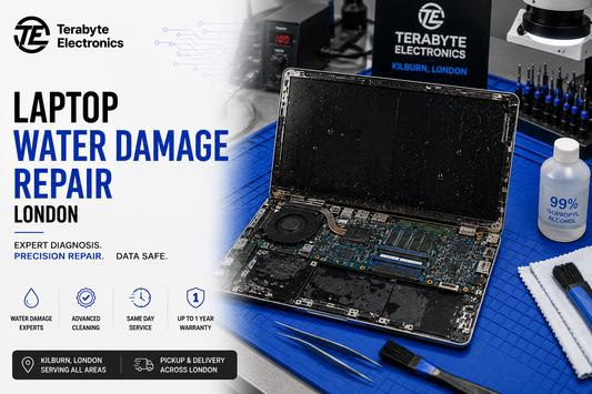 Laptop open on workshop bench undergoing professional liquid damage assessment and motherboard diagnostics at Terabyte Electronics Kilburn London.