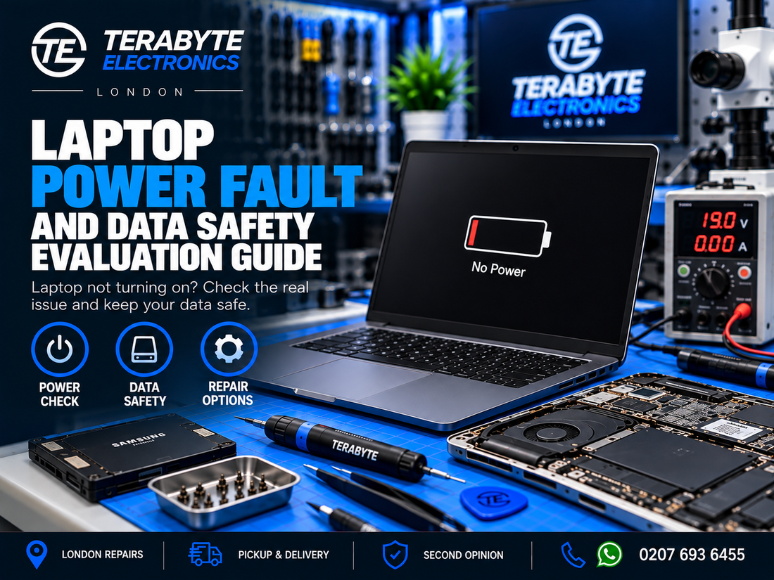 A laptop undergoing power system and storage diagnostic evaluation on a workbench at Terabyte Electronics in London.