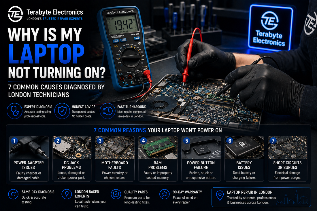A computer technician using a digital multimeter to test power delivery on an open laptop motherboard, highlighting expert laptop repair in London.