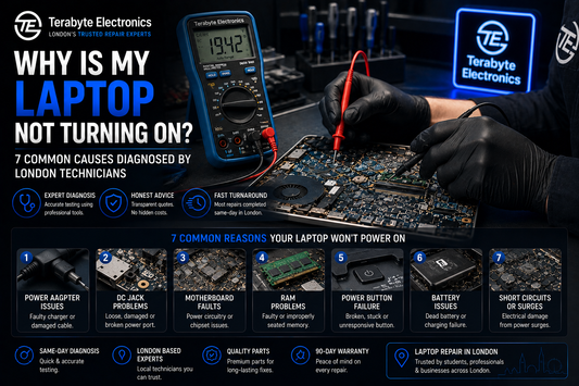 A computer technician using a digital multimeter to test power delivery on an open laptop motherboard, highlighting expert laptop repair in London.