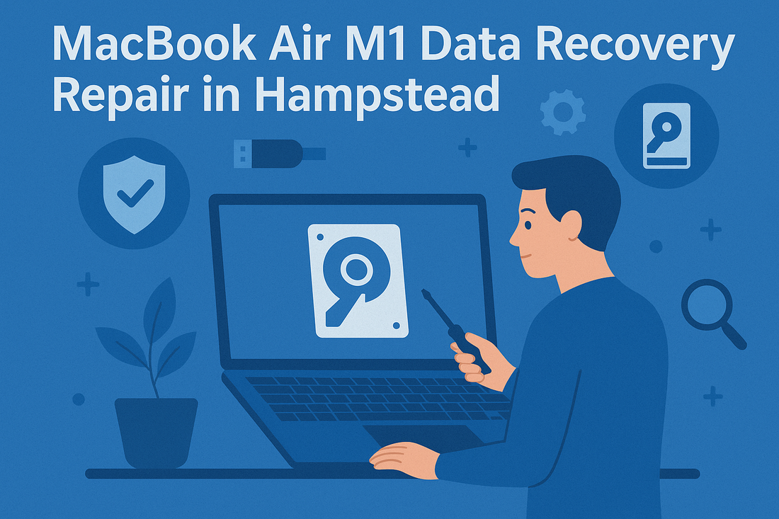 Flat-style illustration of MacBook Air M1 data recovery repair in Hampstead with technician, laptop, and data recovery icons