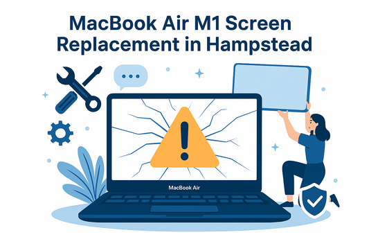 Illustration of MacBook Air M1 screen replacement in Hampstead showing a cracked laptop screen with a warning symbol, a technician holding a new screen, and repair tools around.