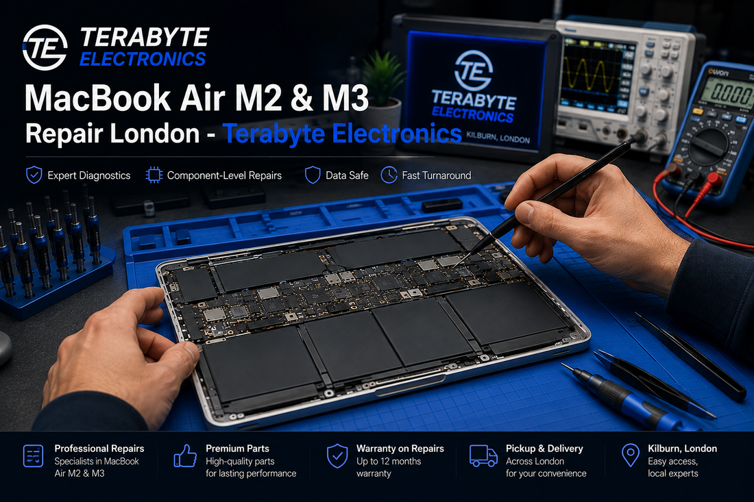 MacBook Air laptop open on an antistatic workbench undergoing hardware diagnostic assessment at Terabyte Electronics London.