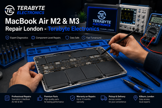 MacBook Air laptop open on an antistatic workbench undergoing hardware diagnostic assessment at Terabyte Electronics London.
