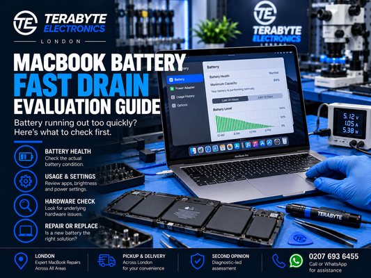 An Apple MacBook Pro undergoing battery health diagnostic and power usage testing on a bench at Terabyte Electronics in London.