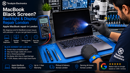 An electronics technician performing a flashlight backlight diagnostic test on a MacBook Pro with a black screen at Terabyte Electronics London.