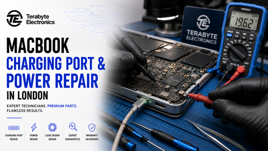 Professional repair workbench featuring an open Apple MacBook Pro undergoing USB-C power delivery and MagSafe charging diagnostics at Terabyte Electronics Kilburn.