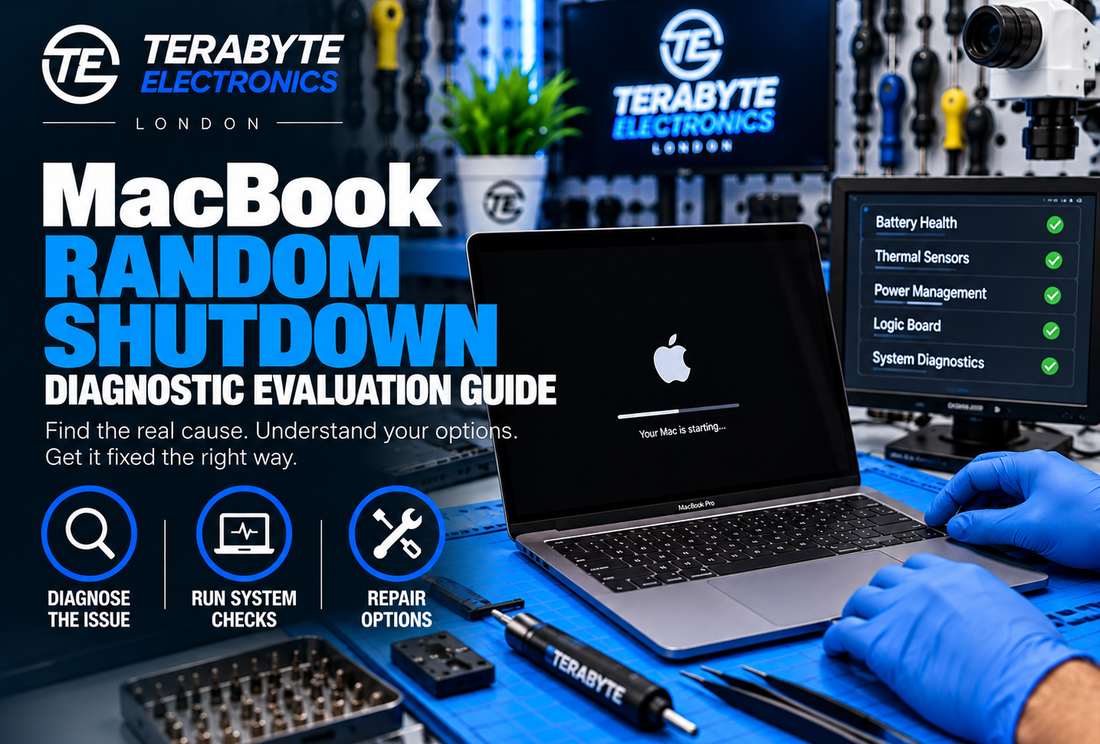 A MacBook Pro undergoing thermal and battery diagnostic evaluation on a technical workbench at Terabyte Electronics in London.