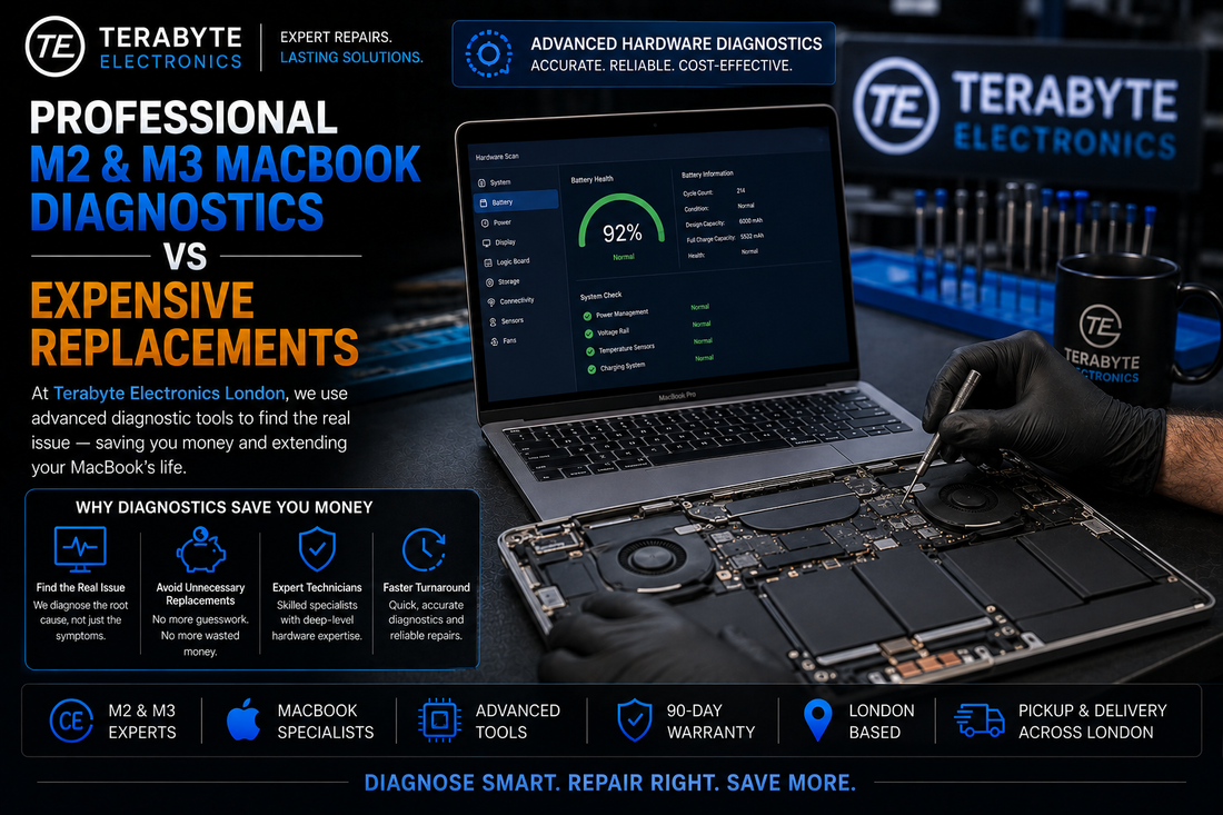 Advanced hardware diagnostics on a MacBook Pro screen and battery assembly at Terabyte Electronics London