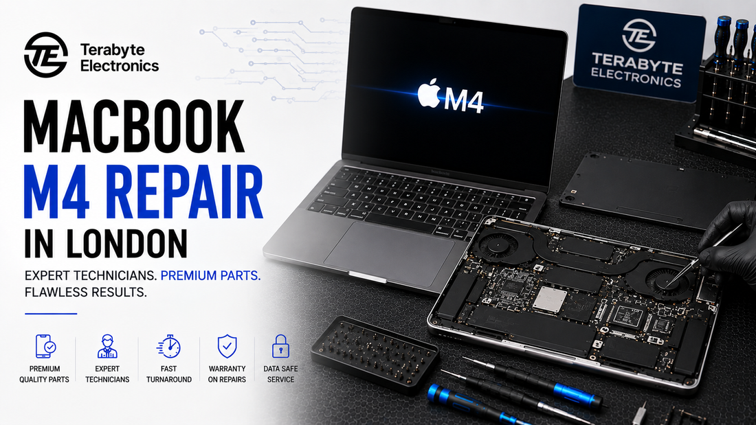 Professional repair workbench featuring an open Apple MacBook Pro M4 undergoing component-level logic board diagnostic and screen inspection at Terabyte Electronics Kilburn.