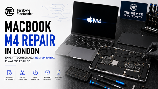 Professional repair workbench featuring an open Apple MacBook Pro M4 undergoing component-level logic board diagnostic and screen inspection at Terabyte Electronics Kilburn.