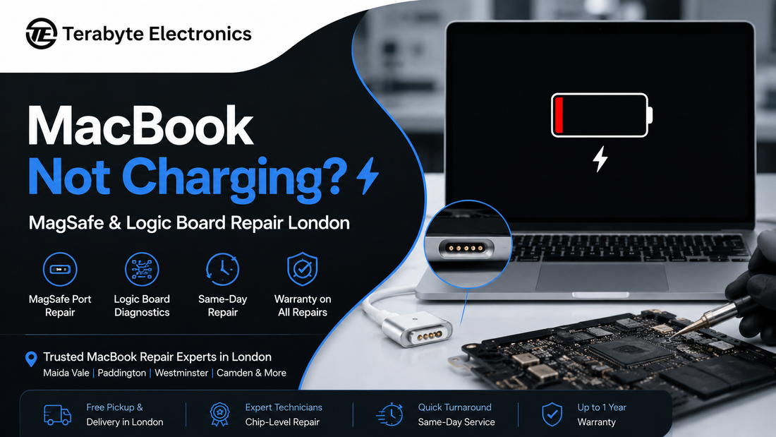 An electronics specialist using an inline USB-C voltmeter and micro-soldering tools to diagnose input voltage rails on a MacBook Pro logic board.